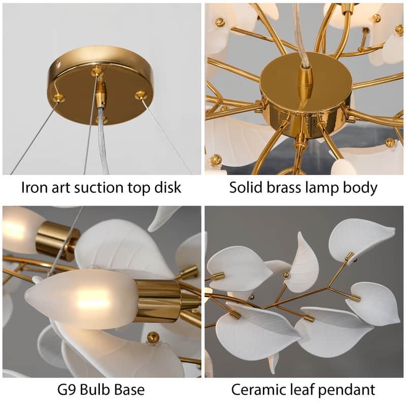 KAYLA 31.5" 6-Light Luxury Gold Round Chandelier, Modern Ceramic Leaf Branch