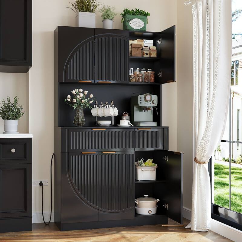 Visual Reference: Fluted Kitchen Pantry Storage Cabinet With Microwave Stand Outlets
