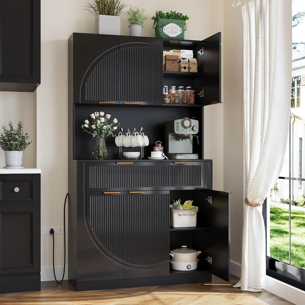 Fluted Kitchen Pantry Storage Cabinet with Microwave Stand, Outlets, Ample Space for Small Kitchens, Apartments & Home Offices