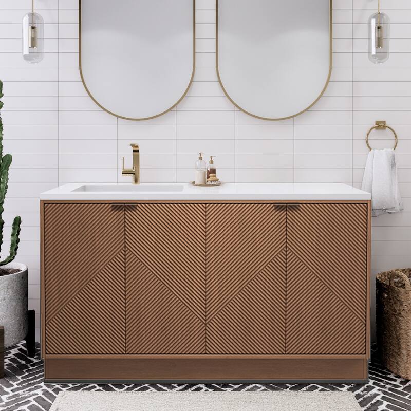 Milano 60" Freestanding Bathroom Vanity with Left White Sink - 59.06" x 19.49" x 35.46'' - Brown