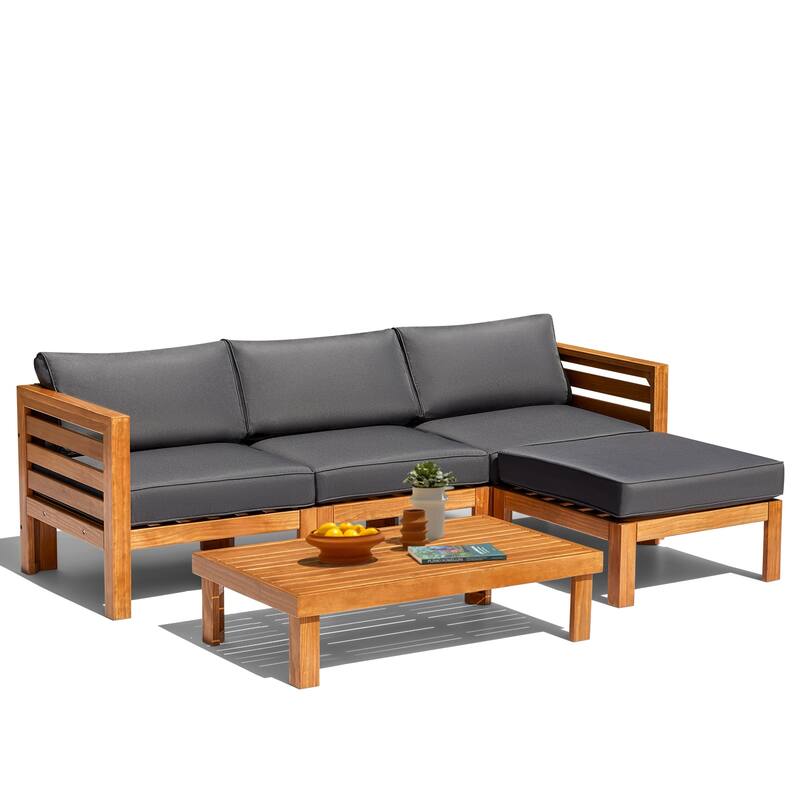 EROMMY Wood Patio Conversation Set with Coffee Table and Soft Cushions, Outdoor Sofa Set for Garden, Backyard