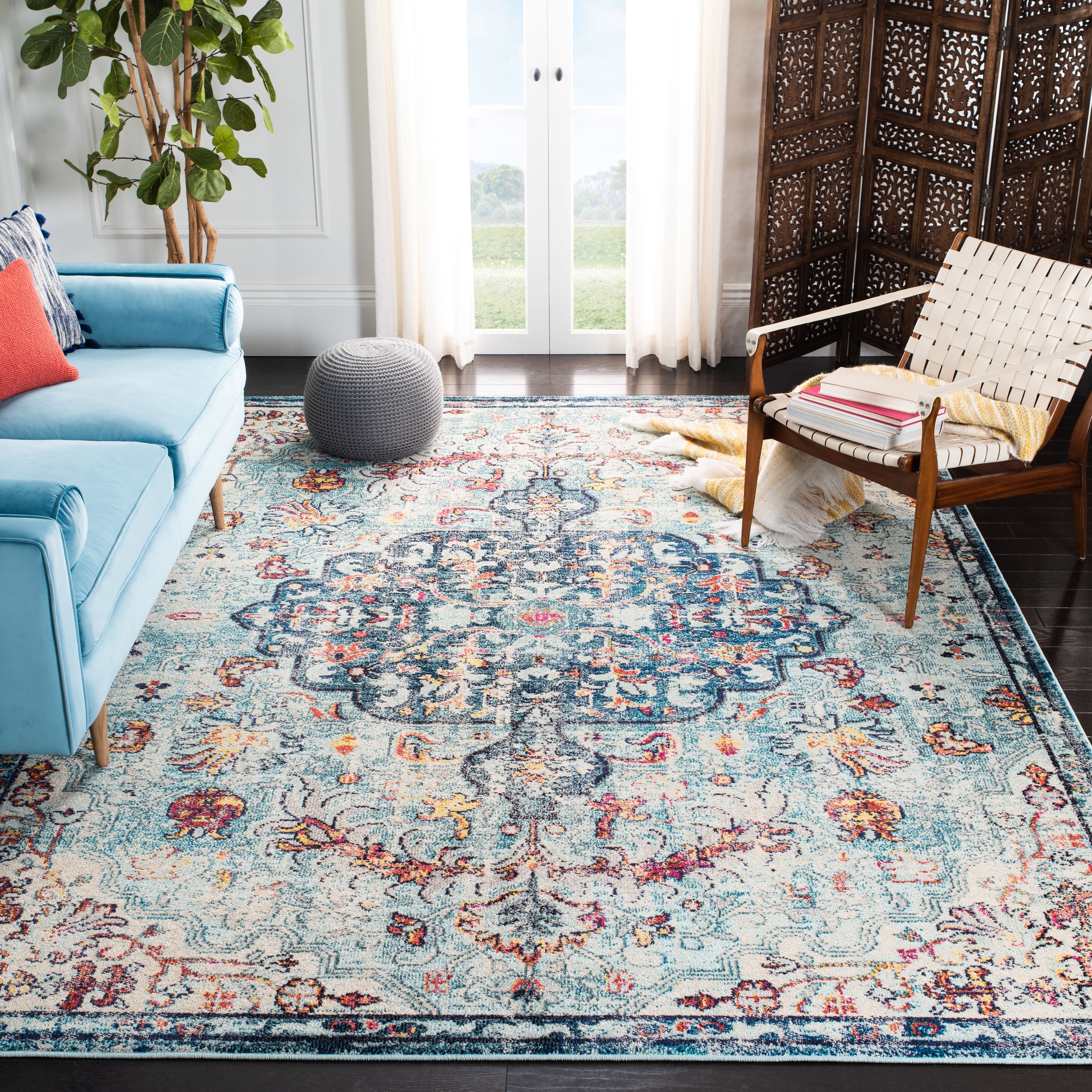 Teal SAFAVIEH Madison Collection MAD447Z Boho Chic Medallion Distressed Non-Shedding Living Room Bedroom Dining Home Office Area Rug 9' x 12' Black