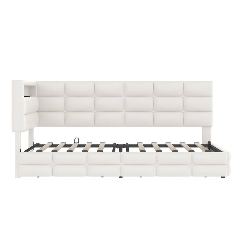 Daybed with 2 Drawers, Upholstered Daybed with Charging Station & LED Lights, Sofa Bed Frame with Storage Headboard