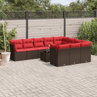 vidaXL 10/11 Piece Patio Sofa Set with Cushions Brown/Gray Poly Rattan - 21.7 x 24.4 x 27.2