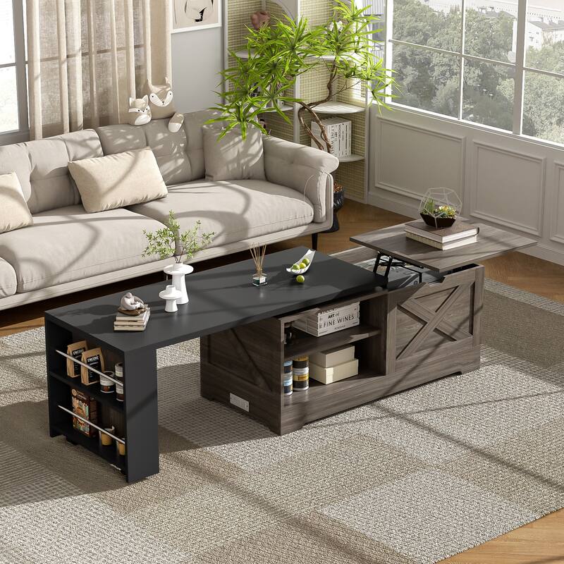 Farmhouse Lift Top Coffee Table With Barn Doors, Wood Rectangle Center Table, With Large Hidden Storage Space