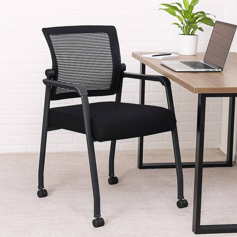 Akon Guest Armchair, Black Mesh, Steel Frame, Smooth-Roll Casters