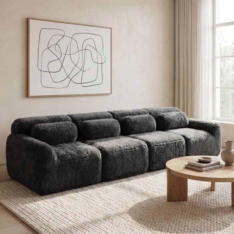Homy Casa Modular Sectional Sofa, Dark Grey Plush Fabric with Non-Slip Base, No Assembly Living Room Couch with Pillows - G08