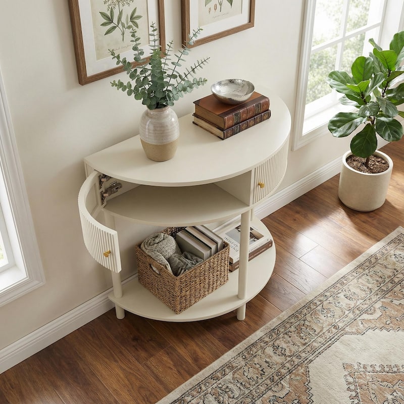 Homy Casa 31.5" Demi-Lune Console Table with 2 Drawers & Shelf, Wave-Pattern Front, Solid Wood Legs, Multiple Colors - Cream-White - White - MDF