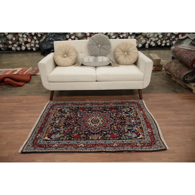 Hand Knotted Oriental 100% Wool Carpet Traditional Floral Navy Blue & Blues Kashan Area Rug - 4' 11'' X 3' 6''