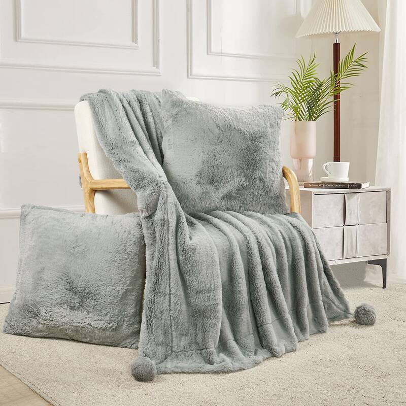 Pompom FauxFur Throw & 2 Pillow Shell Combo Set