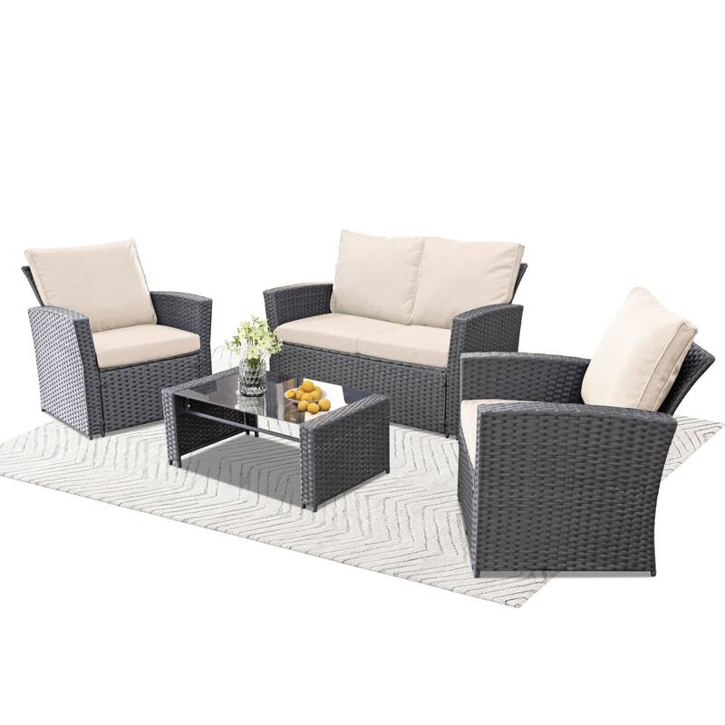 4-Piece Wicker Outdoor Sofa Set, 1 Loveseats, 2 Single Sofas, 1 Table