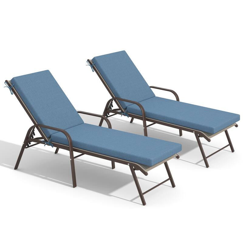 Outdoor Chaise Lounge Set Lounge Chairs with Adjustable Back and Sunbrella Fabric Cushions - Beige Chair with Spectrum Denim Cushion