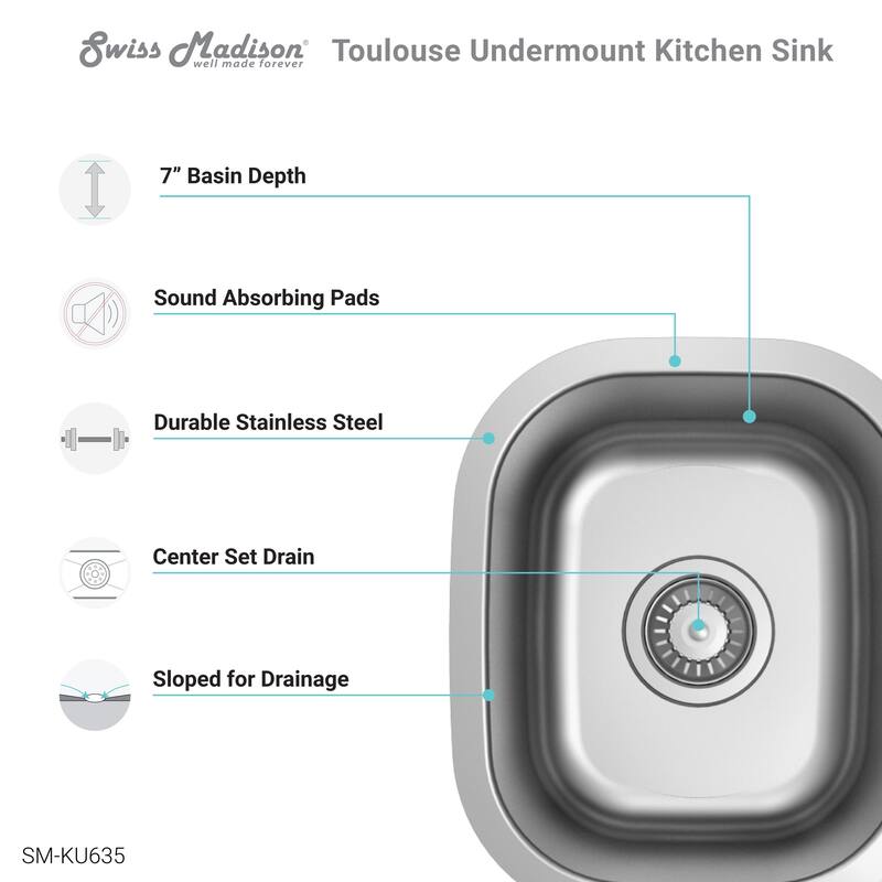 Toulouse 13 x 15 Stainless Steel Single Basin Undermount Kitchen Sink - 13 x 15
