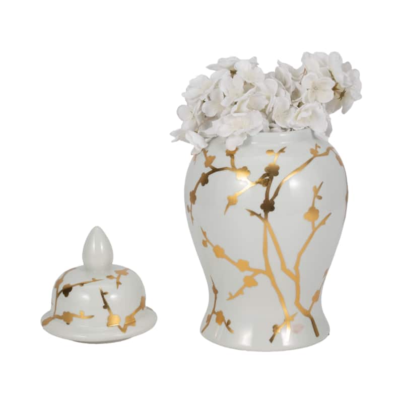Sagebrook Home Elegance 14" White Ceramic Temple Jar with Gold Cherry Blossom - Chinoiserie Accent Piece