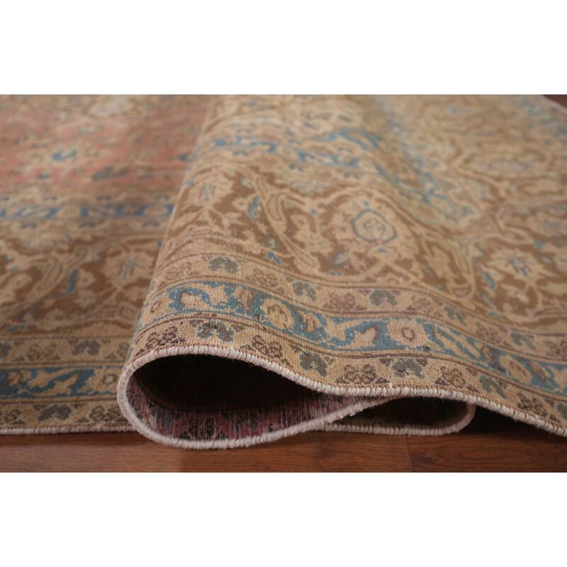 Distressed Mashad Persian Vintage Rug Hand-Knotted Pink Wool Carpet - 9'7"x 12'10"