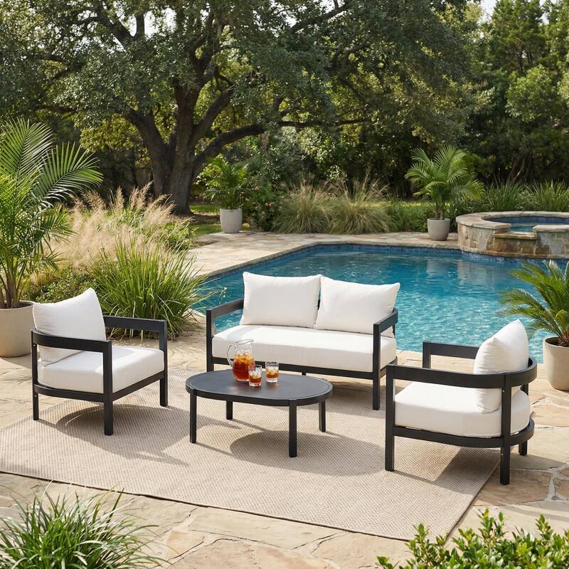 Christopher Knight Home - Modern 4-Piece Outdoor Aluminum Patio Conversation Set with Oval Glass Coffee Table & Thick Cushions - Black Frame+White Cushion