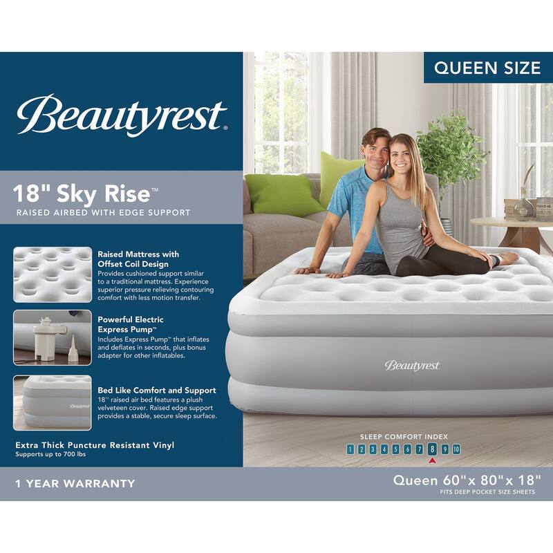 Beautyrest Sky Rise Raised Air Mattress with External Pump - Inflatable Bed with Edge Support, Puncture-Resistant Vinyl