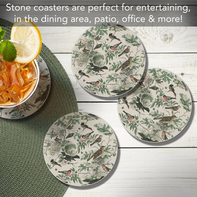 Honeybloom Birds 4 Pack Round Absorbent Stone Coasters with Protective Cork Backing Manufactured in The USA