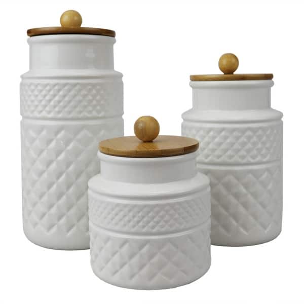 3 Piece Embossed Ceramic Canister With Bamboo Tops White Overstock 32410182