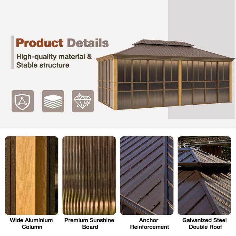 Outdoor Hardtop Sunroom Gazebo with Double Roof & Sliding Doors, All-Season Aluminum Outdoor Pergola, PE Screens&Lockable Design