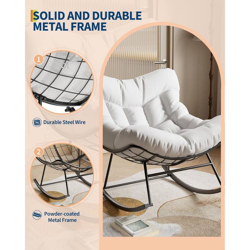 Outdoor Papasan Rocking Chair, Oversized Rocking Chair with Sturdy Metal Frame, Patio Rattan Egg