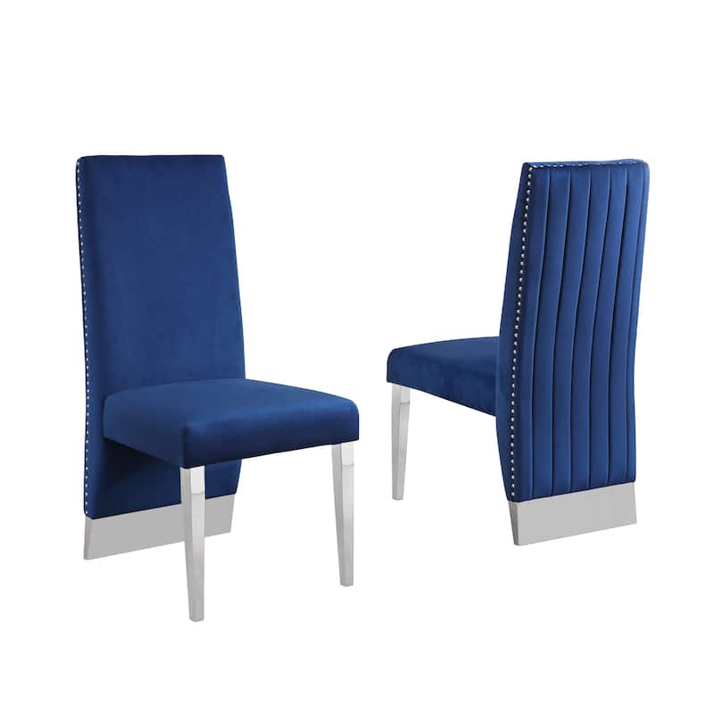 Best Quality Furniture Dining Chair includes Pleated Back, Nailhead-Trimmed, Chrome-Legged Chair (Set of 2) - Navy Blue