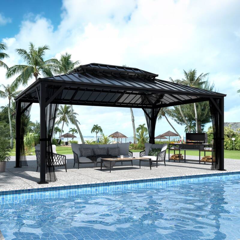 VEIKOUS Aluminum Double Hardtop Gazebo Pergola for Patio, Lawn, and Garden with Removable Netting