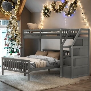 Twin over Full Size Wooden Loft Bed with Staircase,Ladder with 3 ...