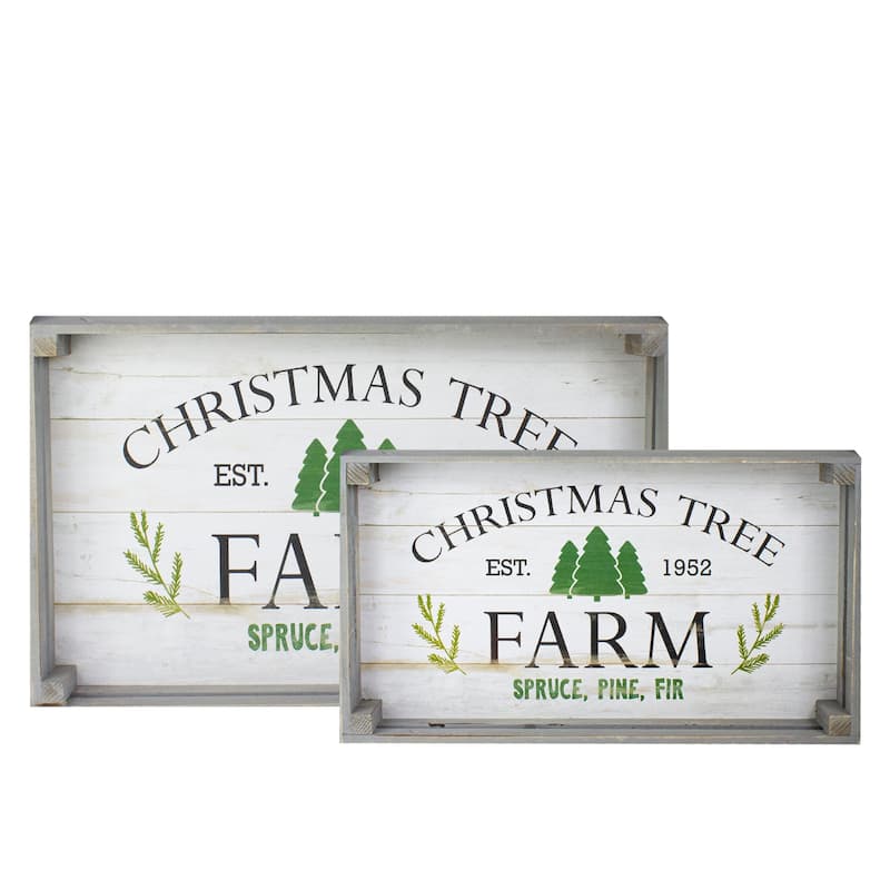 Set of 2 Gray and White Farm Fresh Christmas Trees Wooden Tray Hanging Signs 21"