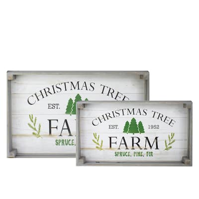 Set of 2 Gray and White Farm Fresh Christmas Trees Wooden Tray Hanging Signs 21"