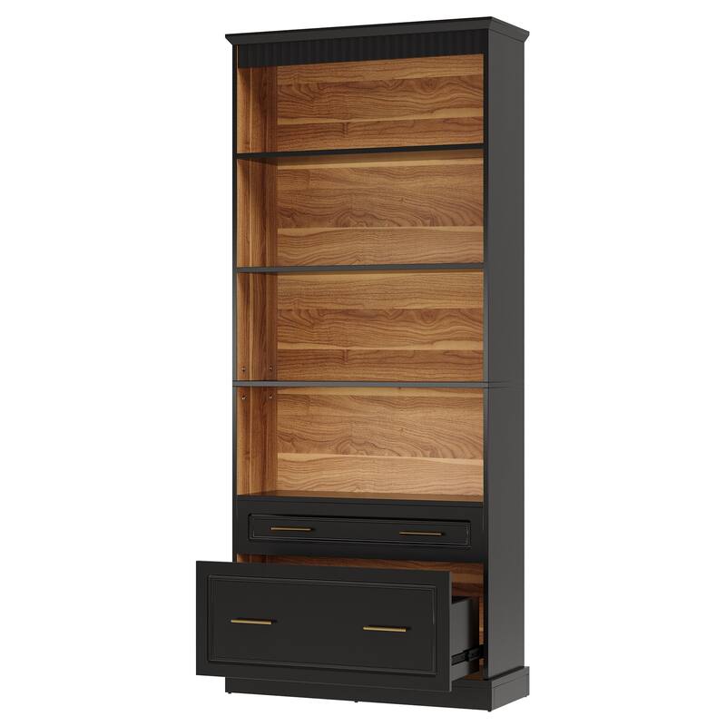 72" Tall White 5-shelf Bookcase Bookshelf with 2 Drawers
