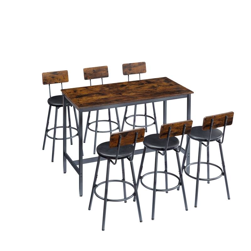 Rustic 7-Piece Dining Set with Rectangular Table & PU Leather Bar Chairs
