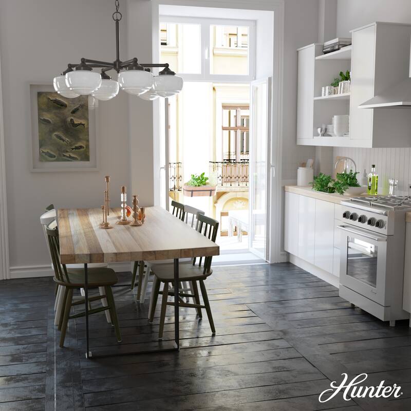 Hunter Saddle Creek Contemporary Schoolhouse Chandelier - Clear or White Glass Globes - Entry, Dining Room, Kitchen Table