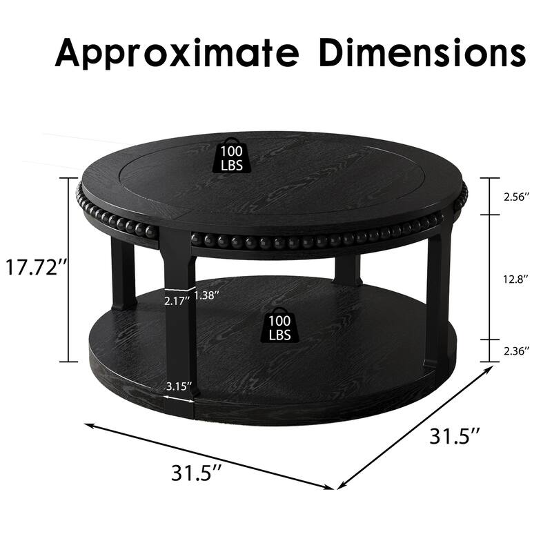 31.5 inch Round Solid Wood Coffee Table Two Tier Thickened Top Sturdy Legs Living Room Walnut