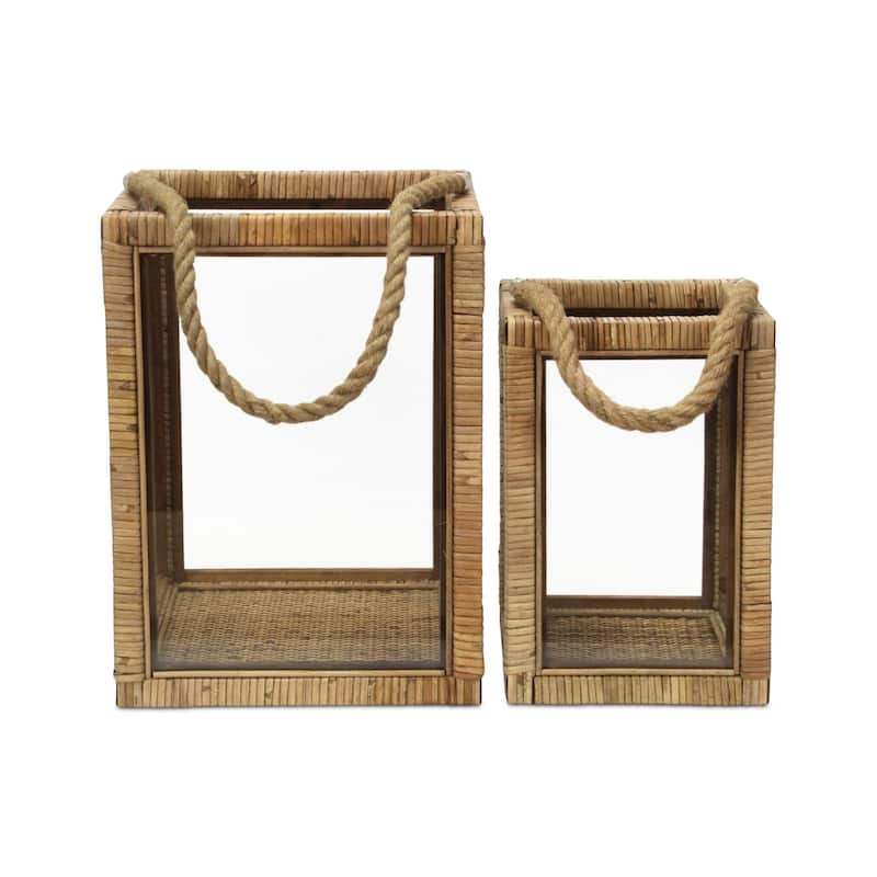 Rattan Wrapped Wooden Candle Lantern - 15" - Set of 2