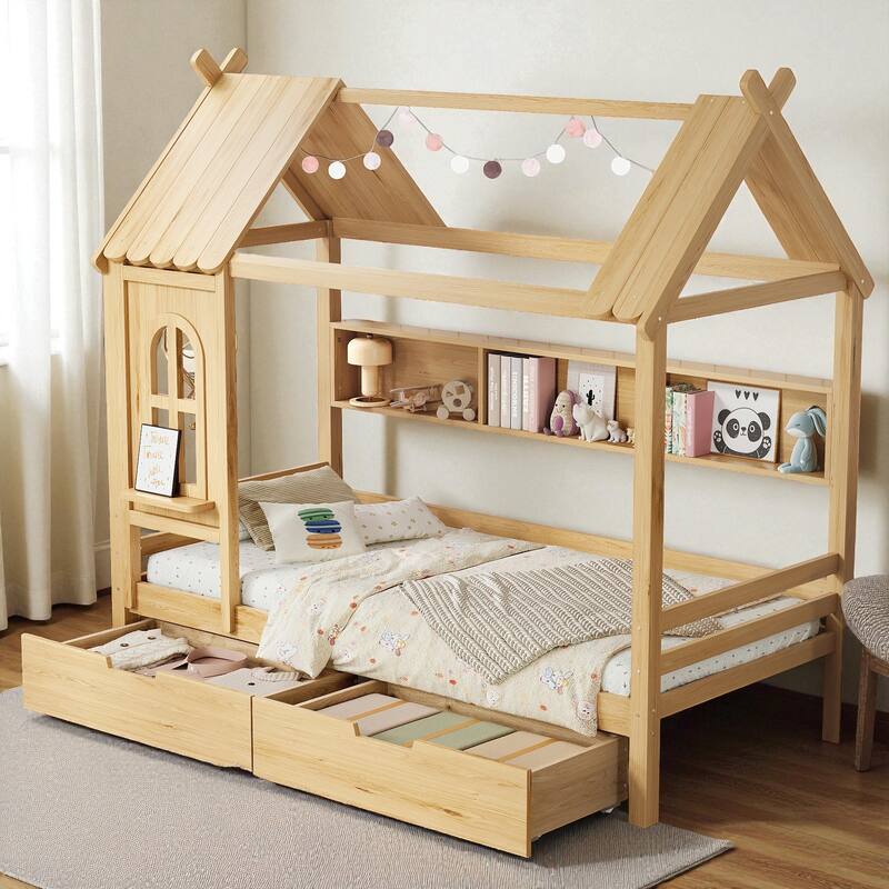 Twin/Full Size Wooden House Bed with Drawers and Shelves, Kids Platform Bed Frame with Window Roof Design