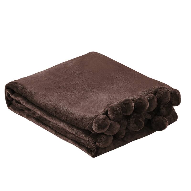 Pompom Flannel Fleece Throw