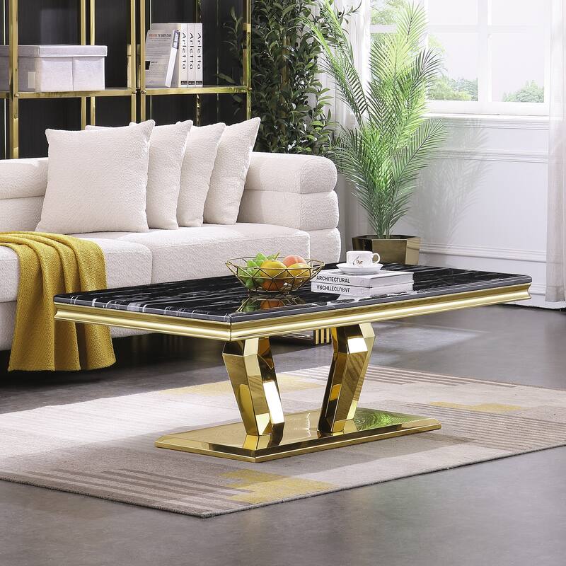 Modern Coffee Table with Stainless Steel Base 48 inches Rectangular Coffee Table with Sturdy Metal Frame for Living Room - Gold