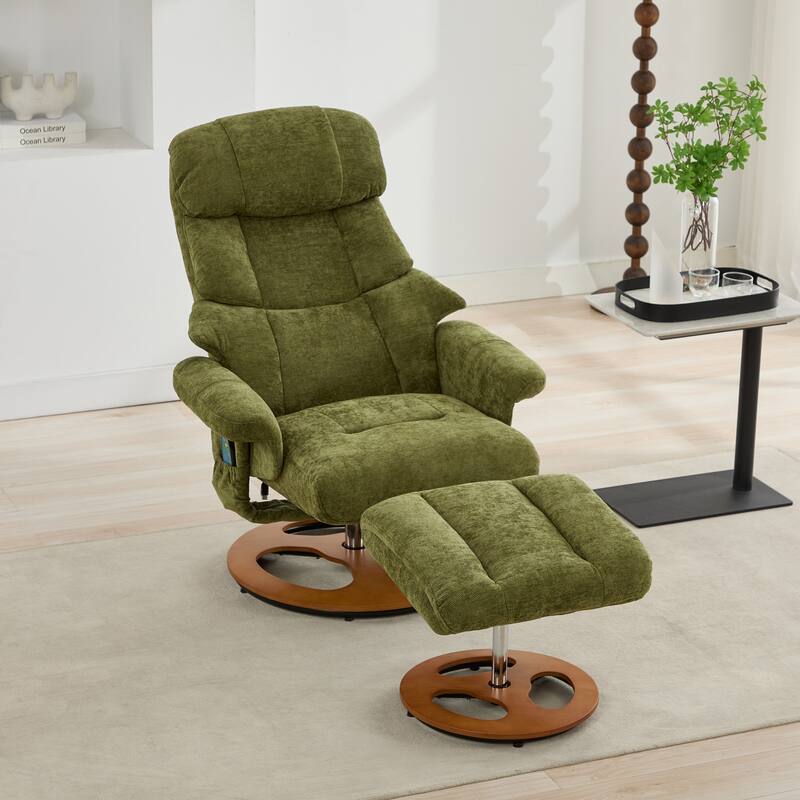 Recliner Chair with Ottoman, Modern 360° Swivel Lounge Chair with Footstool, Chenille Fabric, 5 Point Vibration Massage