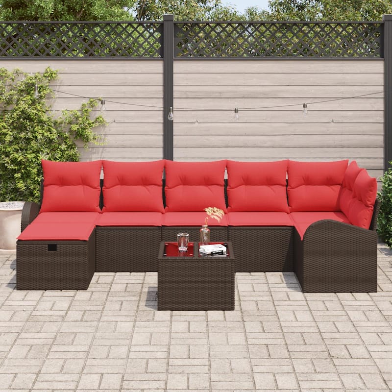vidaXL 7/8 Garden Sofa Set with Cushions Black/Brown/Grey Poly Rattan - 113.8 x 48.8 x 27.2