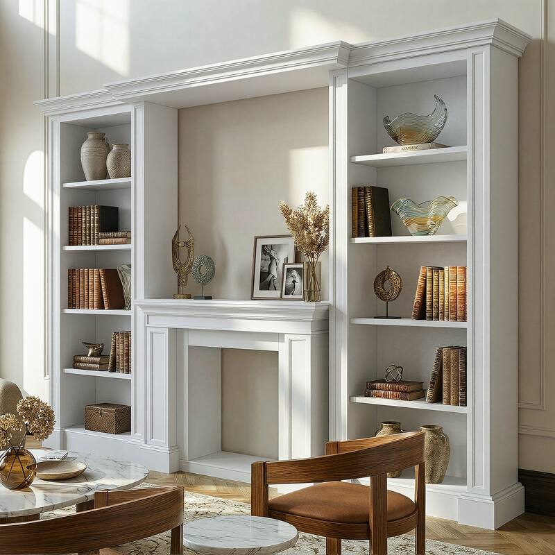 Electric Fireplace Mantel with Bookshelves, 115.5" Entertainment Center with Built-in Shelving