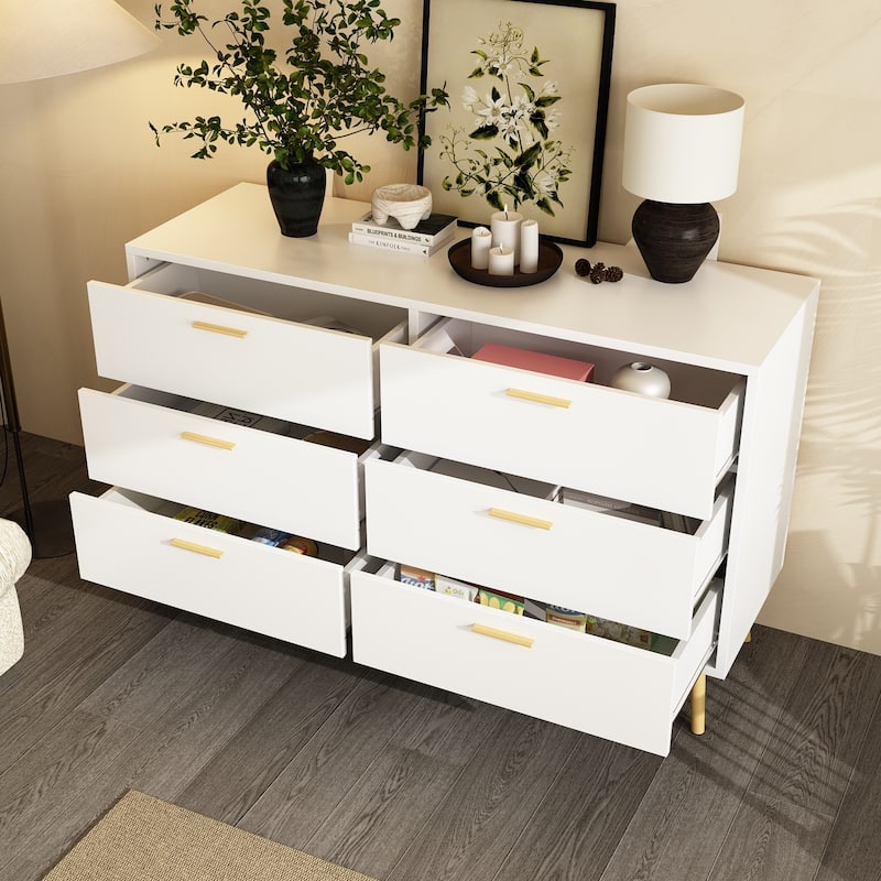 Modern 6-Drawer Dresser with Gold Legs and Handles, 47.2" Wide Mid-Century Bedroom Dresser Chest - White