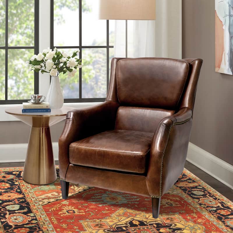 Pasargad Home Vicenza Top Grain Leather Wing Chair, Brown - W31.5"xD37.4"XH39"