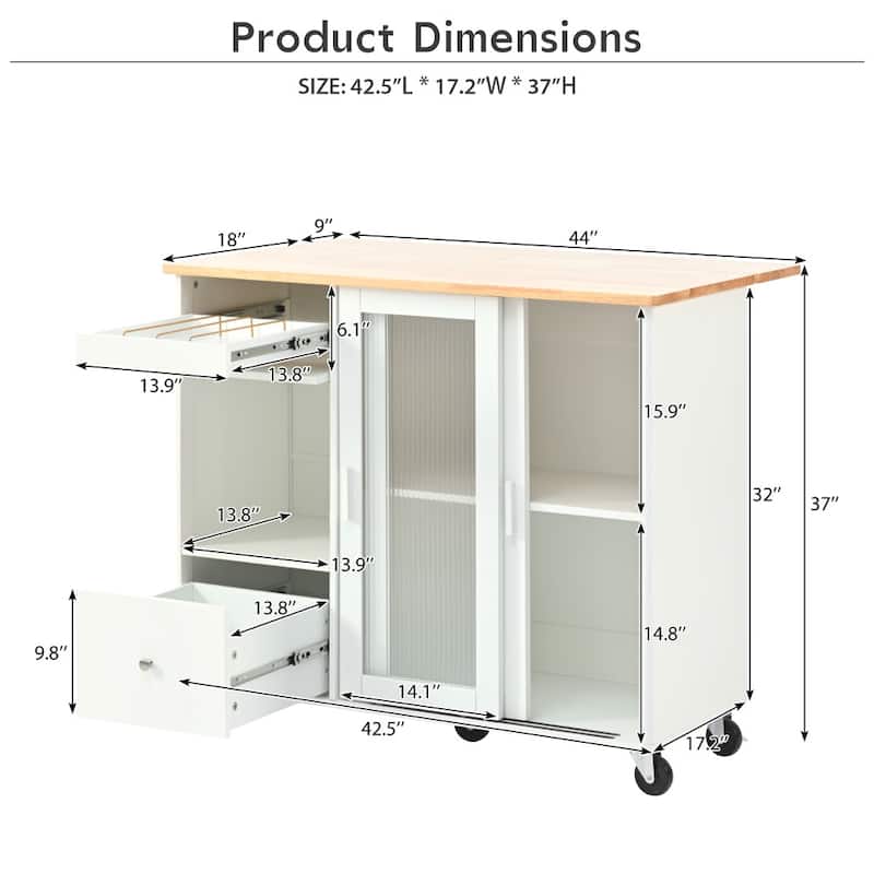 LED Wood 44.03 in. Kitchen Island with Flip Doors Sliding Glass Doors