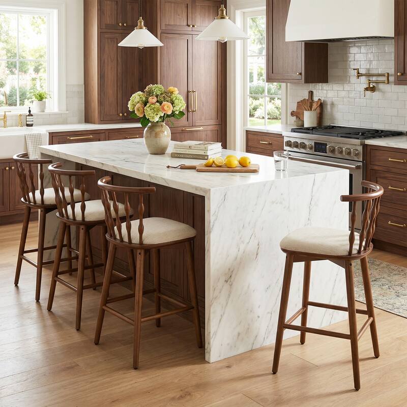 Christopher Knight Home - Leontius Bar Stool with Rubberwood Frame and Hourglass Backrest