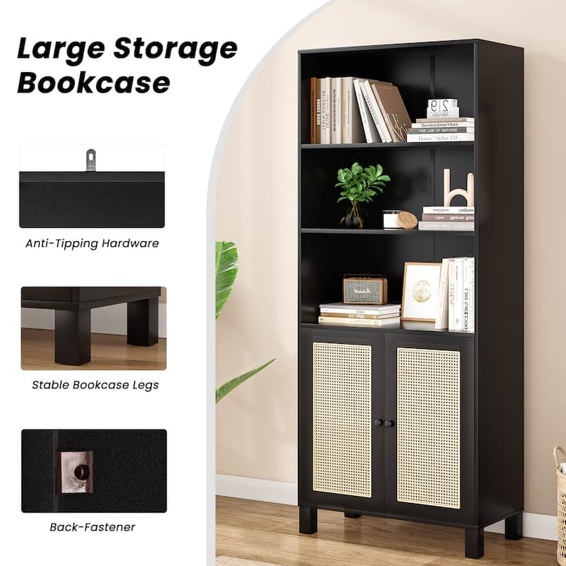 Tall Bookcase with Rattan Doors,5 Tier Storage Wood Shelves Large Bookshelf for Library Living Room Bedroom Home Office