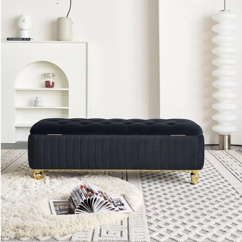 Velvet Fabric Storage Ottoman, Upholstered Button Tufted Storage Bench, End of Bed Bench with Safety Hinge & Metal Legs