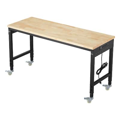 Black and Natural Oak Adjustable Height Workbench with Power Strip, Casters and Hooks - Black-Natural