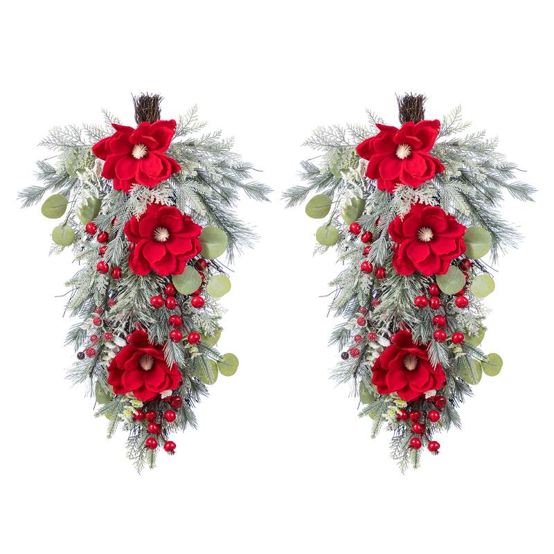 Glitzhome Christmas Red Mangnolia & Berry Wreath Garland Teardrop Hanging Decor - 2-Piece Teardrops