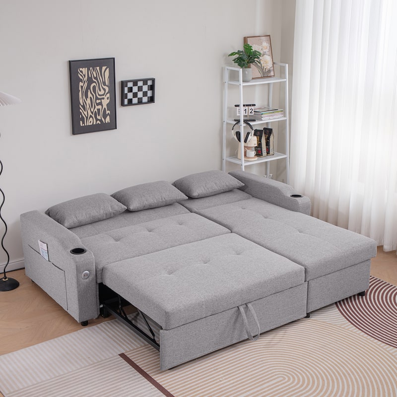 3 In 1 Adjustable Sleeper Sofa Couch with USB Port & Cupholders - Grey